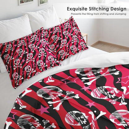 Comforter Set Queen Size, Zebra Skull Rock Soft 3 Pcs Bedding for Kids and Adults, Animal Roll Pink Comforter Set with 2 Pillowcases, for Bedroom Bed Decor