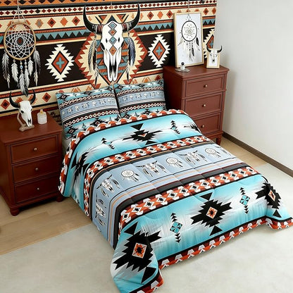 Erosebridal Western Boho Duvet Insert Twin,Cow Dream Catcher Comforter Set Southwestern Bedding Set,Ethnic Tribe Arrow Aztec Bed Quilt Retro Vintage Exotic Longhorn Skull Bohemian Decor Green