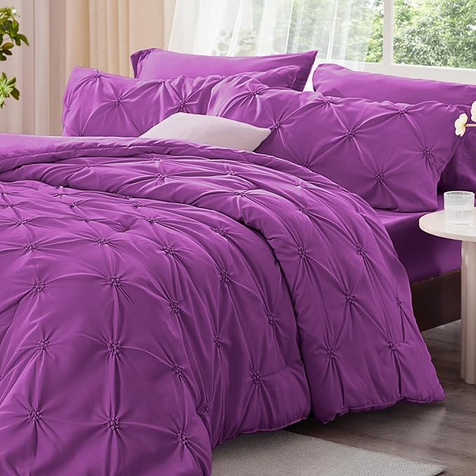 BEDELITE Purple Twin Comforter Set - 2 Peices Boho Pintuck Bedding Comforter Sets, Lightweight Soft & Warm Twin Bedding Sets with 1 Pillowcase for All Season