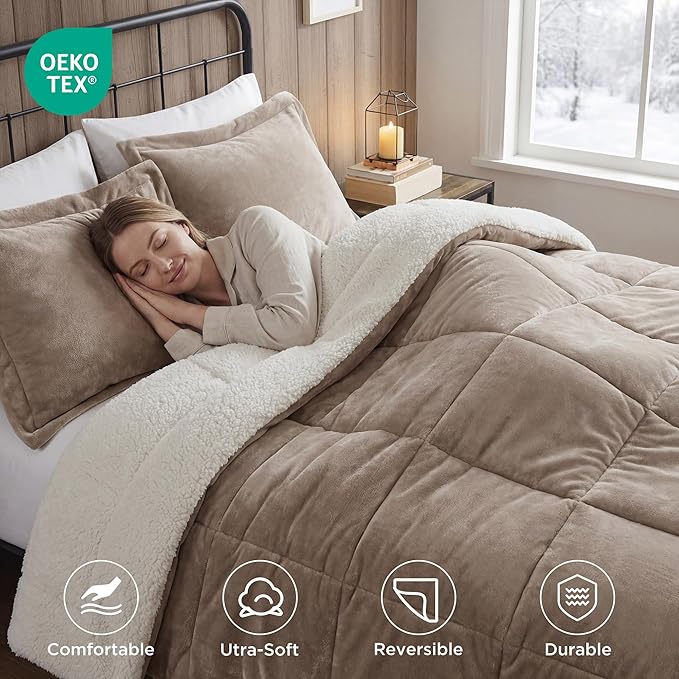 Woolrich Reversible Comforter Set Ultra Soft Plush to Sherpa, Down Alternative, Cold Weather Winter Warm Bedding, with Matching Sham, Decorative Pillow Taupe/Ivory King 3 Piece