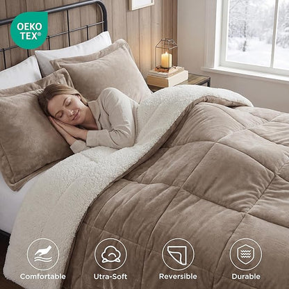 Woolrich Reversible Comforter Set Ultra Soft Plush to Sherpa, Down Alternative, Cold Weather Winter Warm Bedding, with Matching Sham, Decorative Pillow Taupe/Ivory King 3 Piece