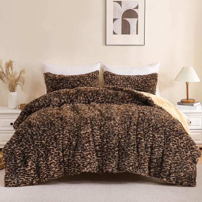 Leopard Print Fluffy Faux Fur Comforter Set Full Size, 3 Pieces Brown Cheetah Plush Shaggy Fuzzy Bedding Set, Ultra Soft Luxury Furry Boho Animal Print Winter Warm Comforter for Women Gilrs