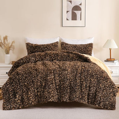 Leopard Print Fluffy Faux Fur Comforter Set Queen Size, 3 Pieces Brown Cheetah Plush Shaggy Fuzzy Bedding Set, Ultra Soft Luxury Furry Boho Animal Print Winter Warm Comforter for Women Gilrs