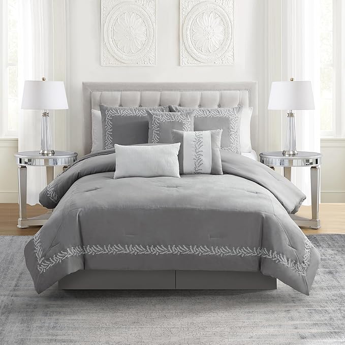 Queen Comforter Set 7-Piece Embroidered Faux Suede Bedding – Soft, Elegant & Complete Bedding Set with 1 Comforter, 2 Pillow Shams, 1 Bed Skirt, and 3 Decorative Throw Pillows, Queen, Gray