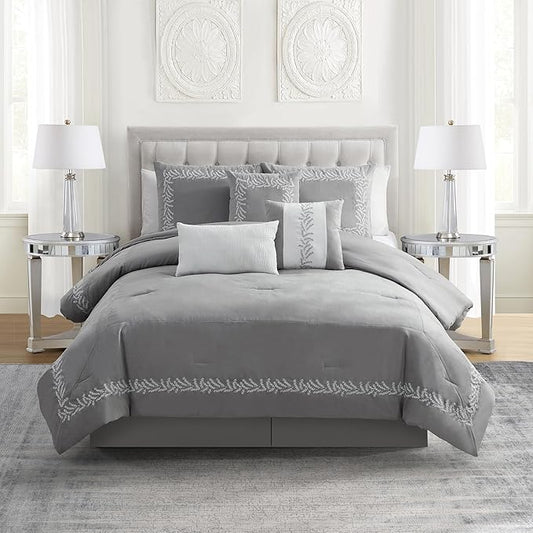 Queen Comforter Set 7-Piece Embroidered Faux Suede Bedding – Soft, Elegant & Complete Bedding Set with 1 Comforter, 2 Pillow Shams, 1 Bed Skirt, and 3 Decorative Throw Pillows, Queen, Gray