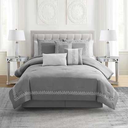 King Size Comforter Set 7-Piece Embroidered Faux Suede Bedding – Soft, Elegant & Complete Bedding Set with 1 Comforter, 2 Pillow Shams, 1 Bed Skirt, and 3 Decorative Throw Pillows, King, Gray