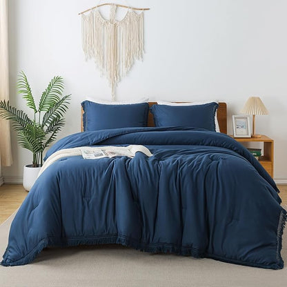 Andency Navy Blue Comforter Set Twin Size, 2 Pieces Boho Tassel Lightweight Bedding Comforter Sets, All Season Soft Fluffy Fringe Bed Set (66x90In Comforter & 1 Pillowcase)