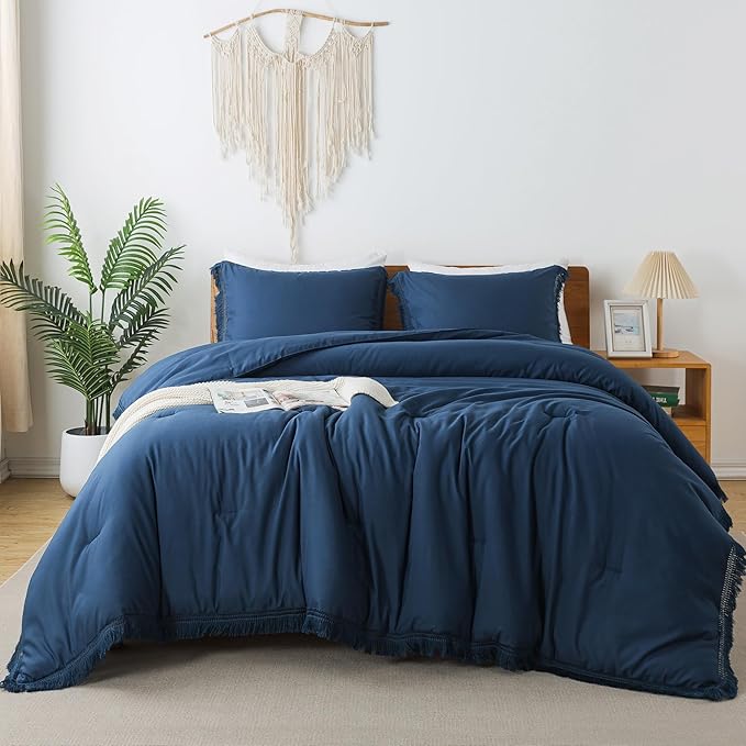 Andency Navy Blue Comforter King Size, 3 Pieces Boho Tassel Lightweight Bedding Comforter Sets for King Bed, All Season Soft Fluffy Fringe Bed Set (104x90In Comforter & 2 Pillowcases)