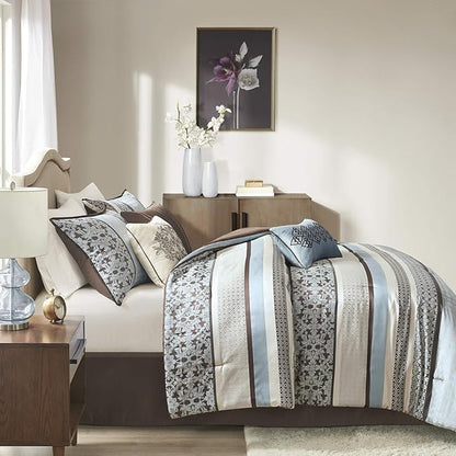 Madison Park Princeton Cozy Comforter Set - Luxurious Jaquard Traditional Damask Design, All Season Down Alternative Bedding with Matching Shams, Decorative Pillow, Cal King(104"x92"), Blue 7 Piece