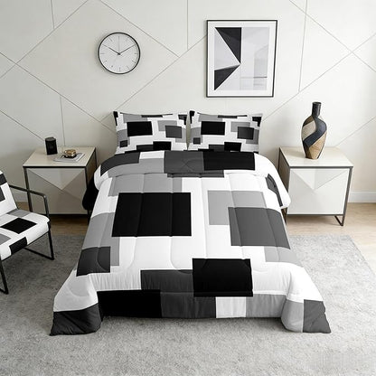 Castle Fairy Geometric Grid Boys Girls Comforter Set Full Size,Black White Grey Duvet Set Teens Bedroom Decor,Modern Abstract Square Splicing Microfiber Soft Bedding 3PCS