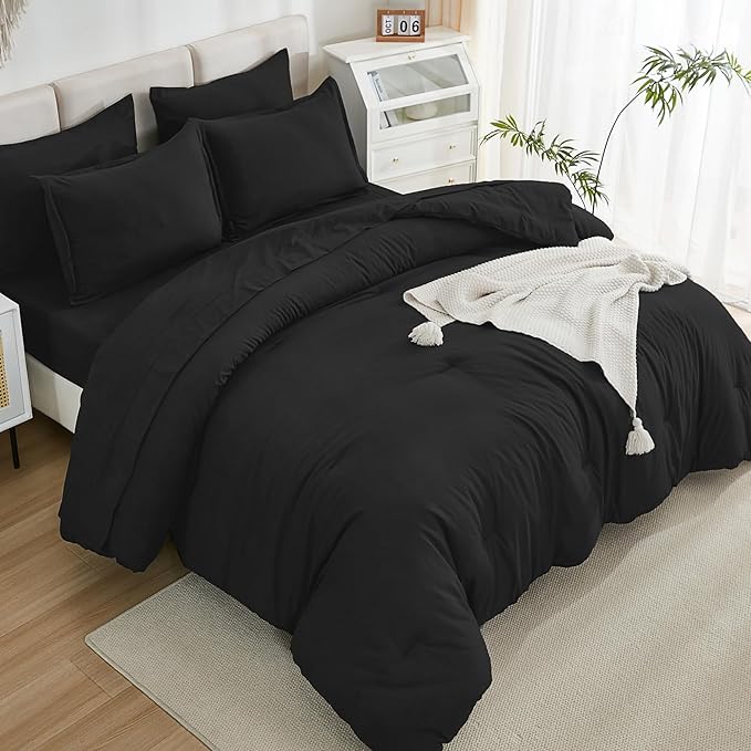 Litanika Comforter Queen Size Set Black - 7 Pieces Bed in a Bag Queen Bedding Comforter Sets, Plain Lightweight Bed Set with Comforter, Sheets, Pillowcases & Shams