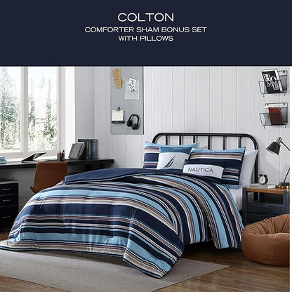 Nautica - Queen Comforter Set, Soft Woven Bedding with a Lightweight for Year Round Comfort, 5 Piece Bed Set with Matching Pillowcases & Bonus Throw Pillows (Colton Blue)