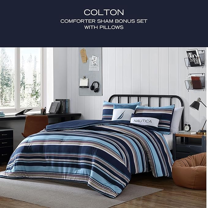 Nautica - King Comforter Set, Ultra Soft Bedding with a Woven Textured Feel, Medium Weight for Year Round Comfort, 5 Piece Bed Set with Matching Pillowcases & Bonus Throw Pillows (Colton Blue)