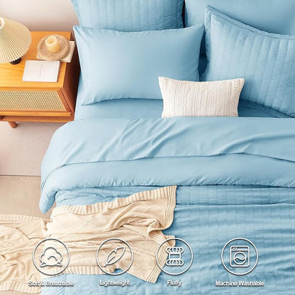 CozyLux King Size Comforter Set Sky Blue Seersucker 7 Pieces Bed in a Bag King Comforter Set with Sheets, Luxury Bedding Set with Down Alternative Comforter, Sheets, Pillowcases & Shams All Seasons