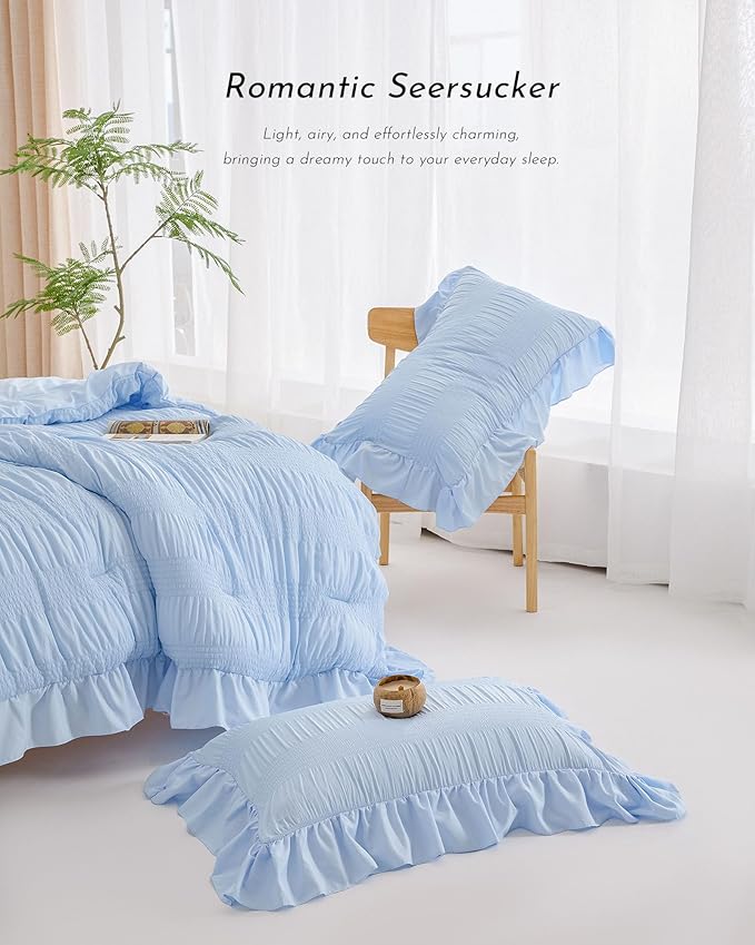 Light Blue Queen Comforter Set, Seersucker Vintage Comforter Ultra-Soft Blue Bedding Set Queen Size 3 Piece Set, Down Alternative Lightweight Comforter Set (Blue, Queen 90"x90")