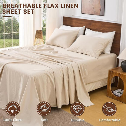 Bedlifes 100% French Linen Sheets Queen Size 18-24”Extra Deep Pocket 4-Piece Set Breathable & Moisture-Wicking,Soft & Durable Sheets for Thick Mattresses(Linen)