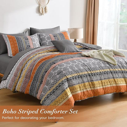 Cottolester Boho Comforter Set Queen Size,8 Pieces Orange Bohemian Striped Bed in a Bag,Paisley Soft Microfiber Bedding Comforter Set