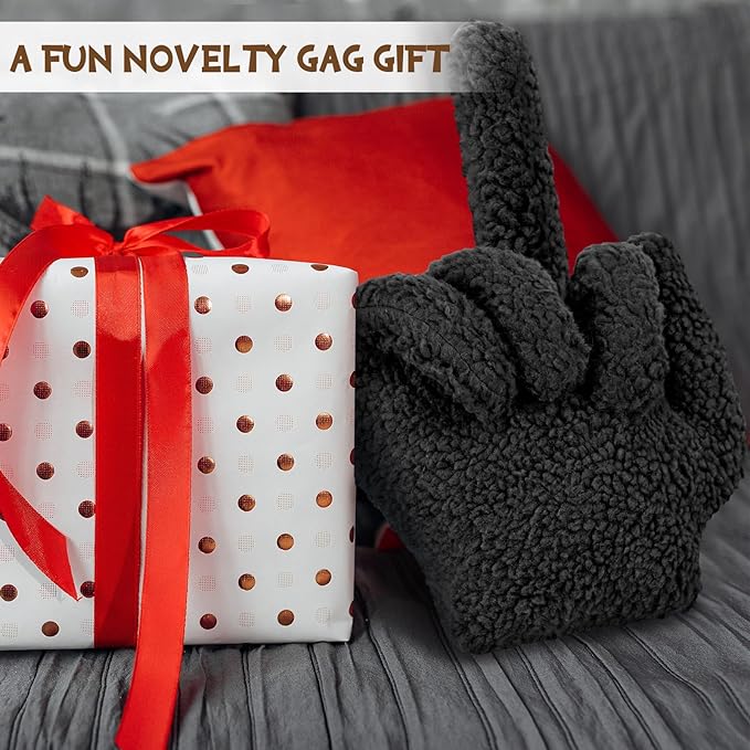 Menkxi Small Middle Finger Decorative Pillow 13.78 x 9.84 in Funny Shaped Sherpa Fleece Throw Pillow Warm Soft Emoticon Cushion Middle Finger Decor for Couch Gag Gift(Black)
