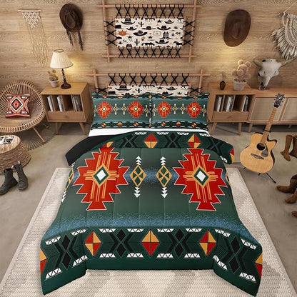 Erosebridal Southwestern Aztec Queen Comforter Set, Rustic Western Bedding Set, Exotic American Native Bedding Comforter Sets for Boys Teens Men Bedroom, Vintage Bohemian Geometric Quilt, Red Green