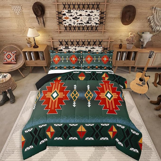 Erosebridal Southwestern Aztec Queen Comforter Set, Rustic Western Bedding Set, Exotic American Native Bedding Comforter Sets for Boys Teens Men Bedroom, Vintage Bohemian Geometric Quilt, Red Green