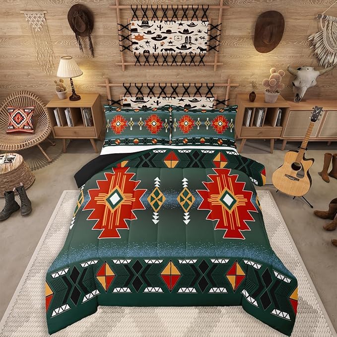 Erosebridal Southwestern Aztec Full Comforter Set, Rustic Western Bedding Set, Exotic American Native Bedding Comforter Sets for Boys Teens Men Bedroom, Vintage Bohemian Geometric Quilt, Red Green