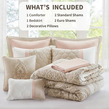510 DESIGN Luxe Quilted Comforter Set Modern Transitional Design, All Season Down Alternative Warm Bedding Matching Shams, Bedskirt, Decorative Pillow, Cal King, Shawnee Scrollwork Blush