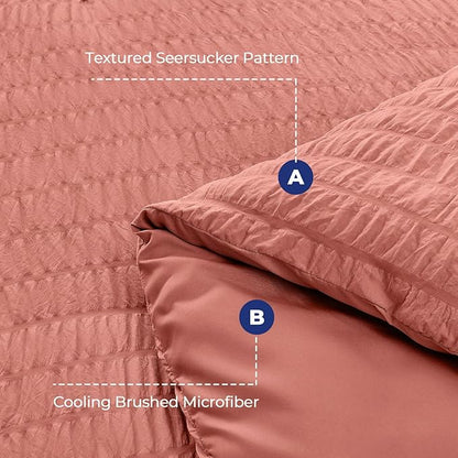 HYMOKEGE Coral Twin Comforter Set Seersucker 5 Pieces, All Season Luxury Bed in a Bag for Bedroom, Bedding Set with Comforter, Sheets, Pillowcase & Sham