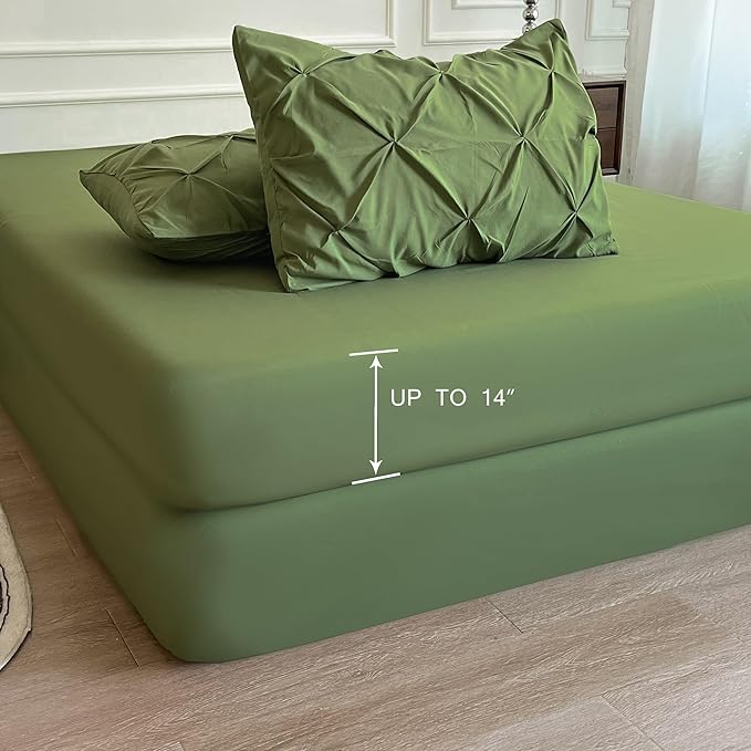 Maple&Stone California King Comforter Set, 7 Pieces Cal King Bed Set, Pinch Pleat Bed in a Bag Bedding Set with Comforter, Sheets, Pillowcases & Shams - Olive Green