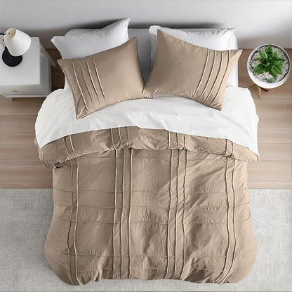 Queen Size Comforter Set Khaki, 3 Pieces Bedding Set, Ultra Soft Prewashed Bed Set, Pinch Pleat All Seasons Lightweight Comforter and Shams