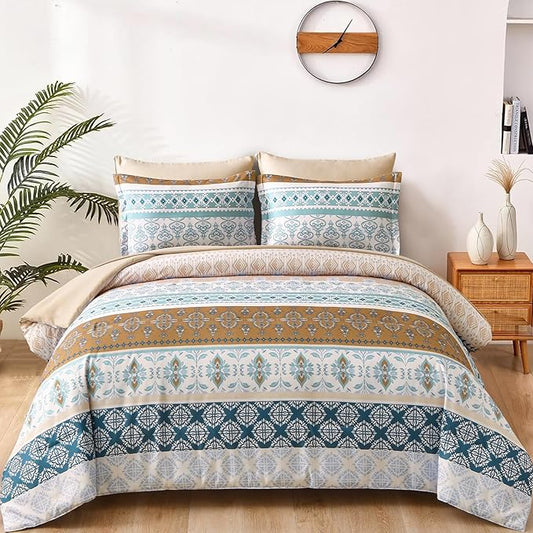 WONGS BEDDING Boho Comforter Set King, 7 Pieces Beige Striped Bed in a Bag Comforter and Sheet Set, Bohemian Floral Striped Comforte Bedding Set,Soft Microfiber Complete Set for All Seasons 104" x 90"