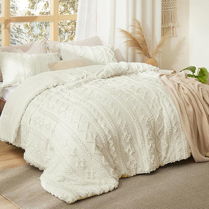 Bedsure Tufted Boho Comforter Set Oversized Queen - Ivory Boho Bed Set, GentleSoft™ 3 Pieces Farmhouse Shabby Chic Embroidery Bedding, Gifts for Woman, Soft Jacquard Comforter for All Seasons