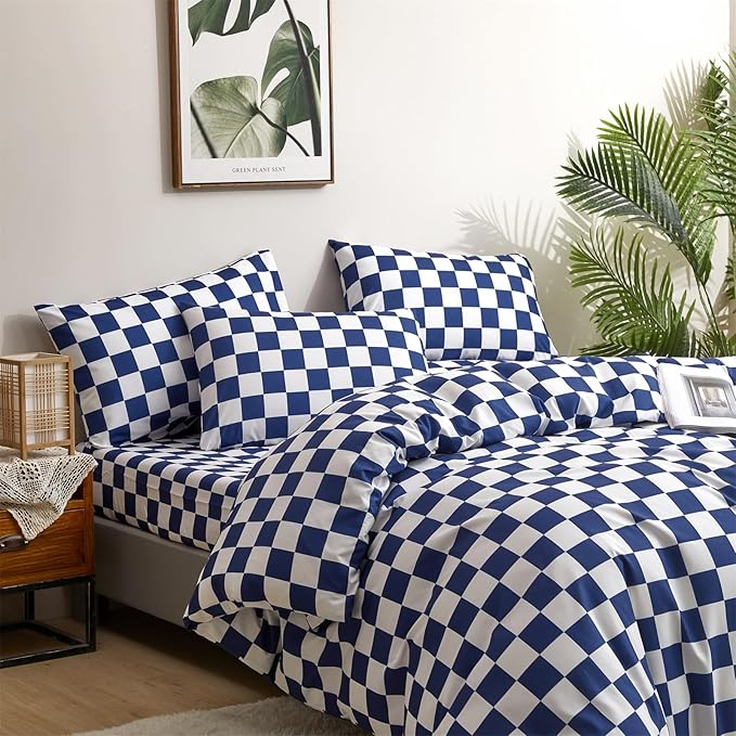 CLOTHKNOW Blue White Plaid Twin/Twin XL Comforter Set 3Pcs Grid Bedding Comforter Sets Royal Blue White Bed Comforter Blue Bedding Sets Soft