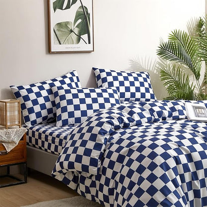 CLOTHKNOW Blue White Plaid Twin/Twin XL Comforter Set 3Pcs Grid Bedding Comforter Sets Royal Blue White Bed Comforter Blue Bedding Sets Soft
