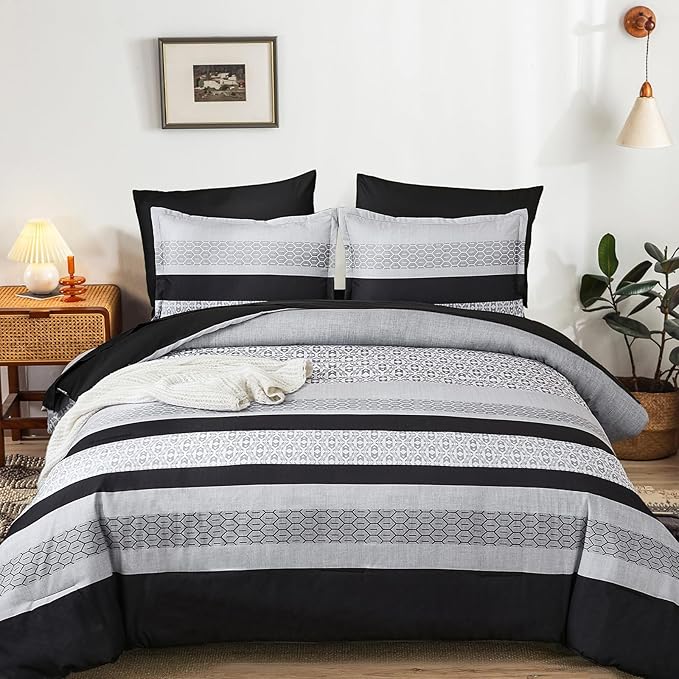 DJY Black Comforter Set Queen Size,7 Pieces Bed in a Bag Boho Striped Bedding Sets,Black and White Soft Microfiber Bedding Set for All Season(90"×90")