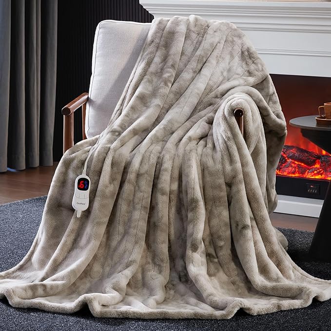 Guohaoi Heated Blanket Electric Throw, Soft Faux Rabbit Fur Electric Blanket with 10 Heating Levels 5 Sitting Timer Auto Off, Cozy Warm Heating Blankets, Machine Washable(72"×84" Light Grey)