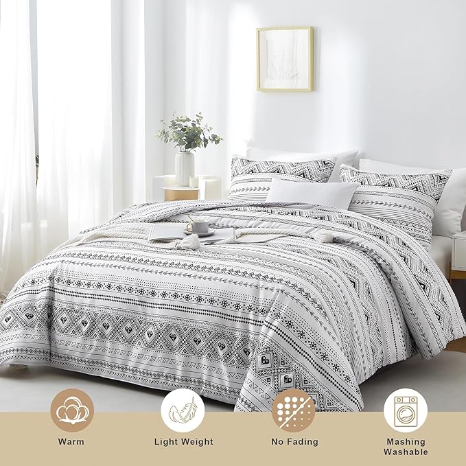 BOLINLIVING Comforter Set Queen Size, Boho Bed in a Bag 3 Pieces, Queen Soft Bohomian Comforter Set, Lightweight Breathable for All Seasons,1 Comforter & 2 Pillowcases (Grey 90×90 inch)
