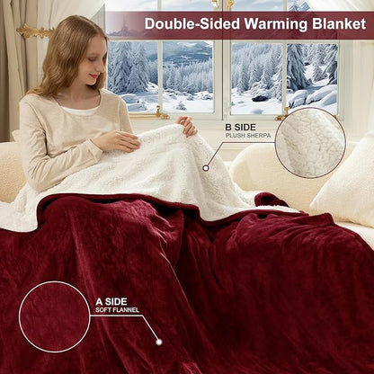 Queen Size Electric Blanket for Bed - 84" x 90" Dual Control Heated Blanket with 10 Hrs Auto Off, 5 Heating Levels, Over-Heat Protection, Washable Flannel Sherpa Heating Blankets, Red