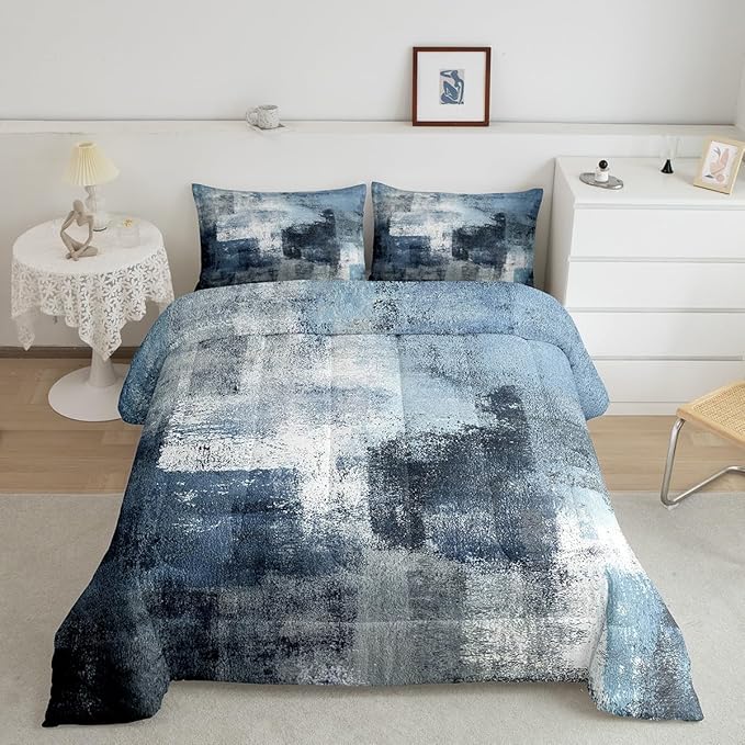Erosebridal Navy Blue Comforter Sets Twin, White and Grey Ombre Set for Kids Boys Girls Adult, Grunge Watercolor Duvet Insert Bedroom Decor, Contemporary Artwork Quilt with 1 Pillowcase