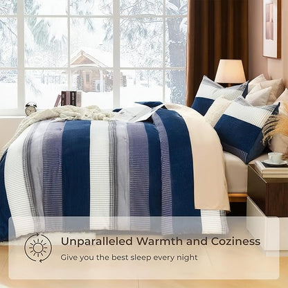 Litanika Fluffy Fleece King Size Comforter Set, Luxury Soft Plush Fuzzy Mineral Blue Stripe Bedding Comforter Sets, Warm Shaggy Faux Fur Bed Set All Season (1 Comforter, 2 Pillowcases)