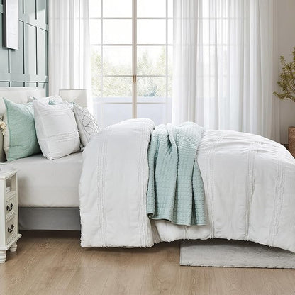 Wonderful White Comforter Set Queen, Clipped Jacquard Striped Cotton Lightweight Comforter with Pillow Shams, Fluffy Bedding Set for All Season