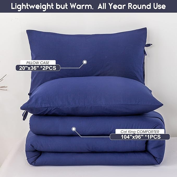 Softness Cal King Comforter Set, Comfy Washed Polycotton Fabric, Cozy Down Alternative Bed Blanket Comforter and Pillowcase Lightweight but Warm for All Season Use,California King Navy Blue