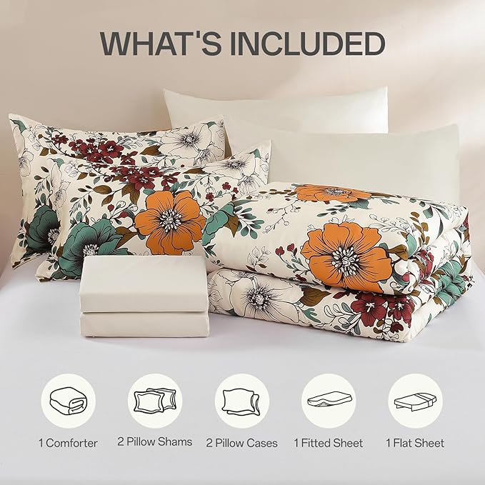 Xruibed Floral Comforter Set Queen Size 7 Pieces, Beige Orange Bed in a Bag Flower Comforter Set with Sheet, Pillowcases, Pillowshams, Soft Microfiber Bedding Set for All Season (Queen 90''x90'')