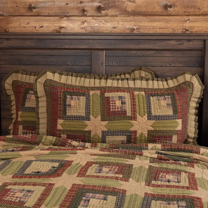 VHC Brands Tea Cabin Rustic King Sham Green Patchwork Cotton Hand Quilted Rectangle Bedroom Decor