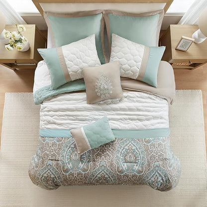 510 DESIGN Luxe Quilted Comforter Set Modern Transitional Design, All Season Down Alternative Warm Bedding Matching Shams, Bedskirt, Decorative Pillow, King, Shawnee Scrollwork Seafoam