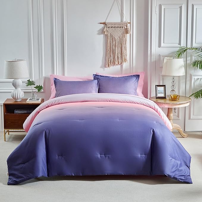 Grey Pink and Purple Gradient Comforter Set King Size 7 Pieces Elegant Ombre Bed in a Bag - Reversible All Season Bedding Set with Comforter, Flat Sheet, Fitted Sheet, 2 Pillowcases & 2 Pillow Shams