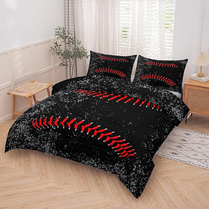 NINENINE Boys Baseball Comforter Sets Full, 3D Printed Black Kids Baseball Bedding Sets Full, 3 Pieces Kids Bedding Sets for Boys Teens with 2 Pillowcases