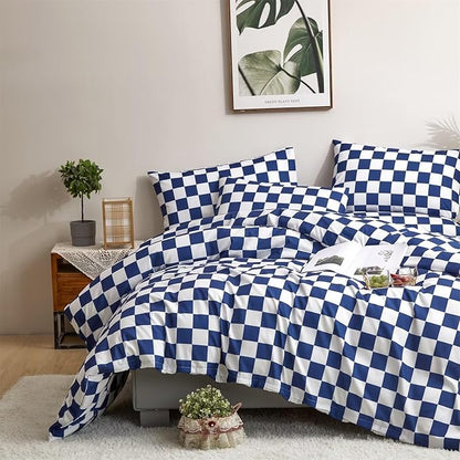 Houseri Royal Plaid Comforter Set Full Size Teen Boys Girls Dorm Bedding Quilt Comfy Deep Sea Blue Grid Comforter