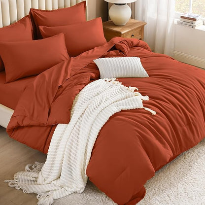 Litanika Burnt Orange Comforter Full Size Set - 7 Pieces Terracotta Bed in a Bag Full Bedding Comforter Sets, Plain Lightweight Bed Set with Comforter, Sheets, Pillowcases & Shams