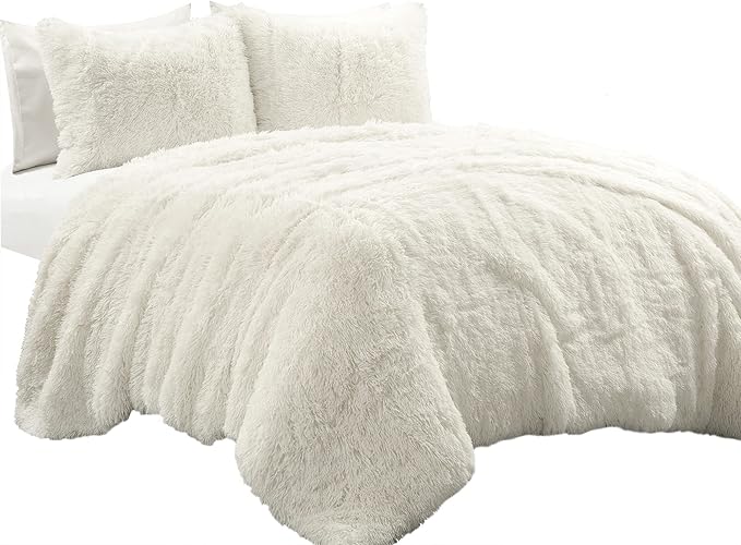 Lush Decor Emma Faux Fur Comforter King Size 3 Piece Set Ivory - Cream Bedding Set King Comforters - Fluffy Comforter - Modern Decor