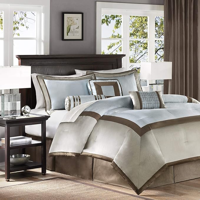 Madison Park Cozy Comforter Set-Deluxe Hotel Collection, All Season Down Alternative Luxury Bedding with Matching Shams, Decorative Pillows, California King (104"x92"), Genevieve, Blue 7 Piece